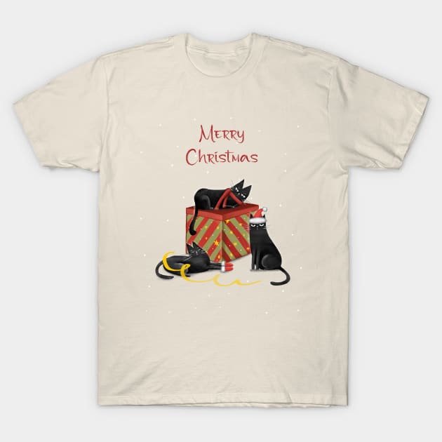 Merry Christmas - Black cats with Santa hat. T-Shirt by Olena Tyshchenko